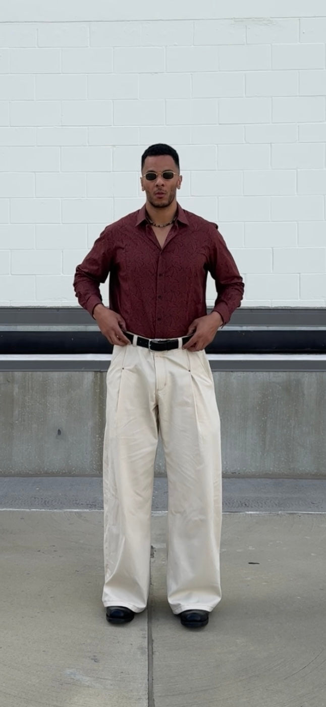 Cream Rivet Pleated Work Pants
