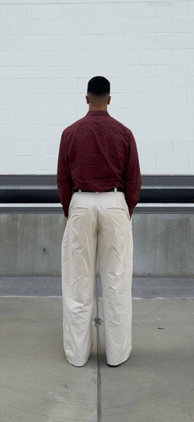 Cream Rivet Pleated Work Pants